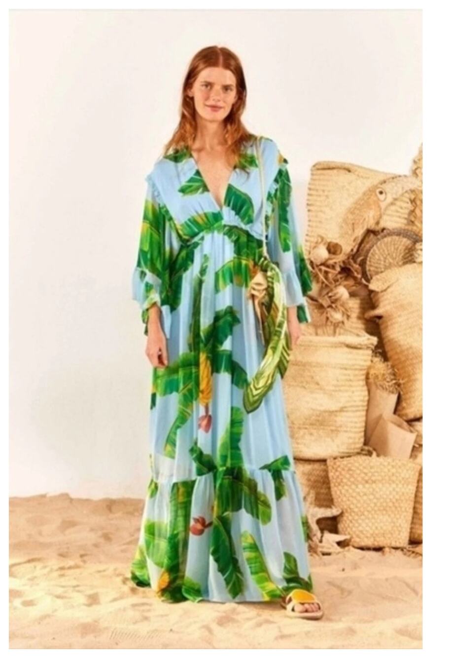 NEW Farm Rio Fresh Bananas Printed Ruffle Maxi Dress Size Medium
